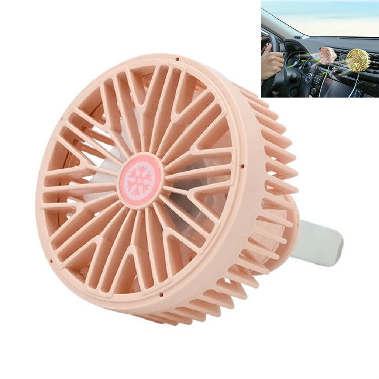 Pink mini car vent fan with LED-style lamp, close-up round grille and clip