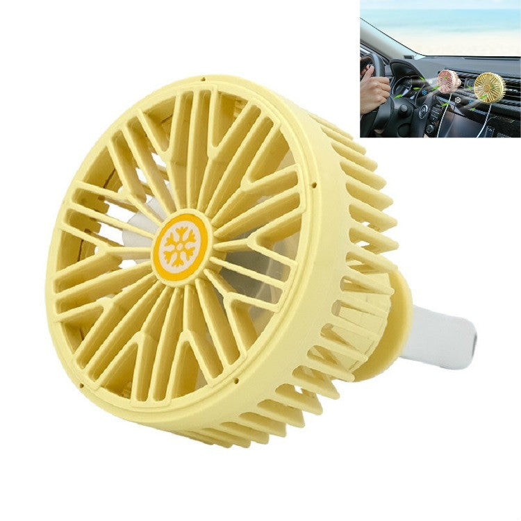Yellow mini car vent fan with LED-style lamp, close-up round grille and clip