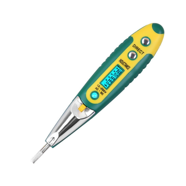Digital voltage tester pen with green and yellow handle, LCD display and metal probe tip