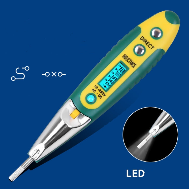 Voltage tester pen with LED indicator, green-yellow body, LCD display and metal probe