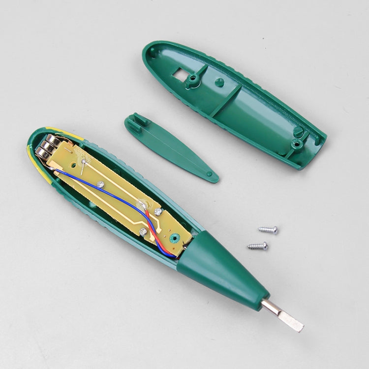 Voltage tester pen open showing internal circuit parts, casing, and metal probe