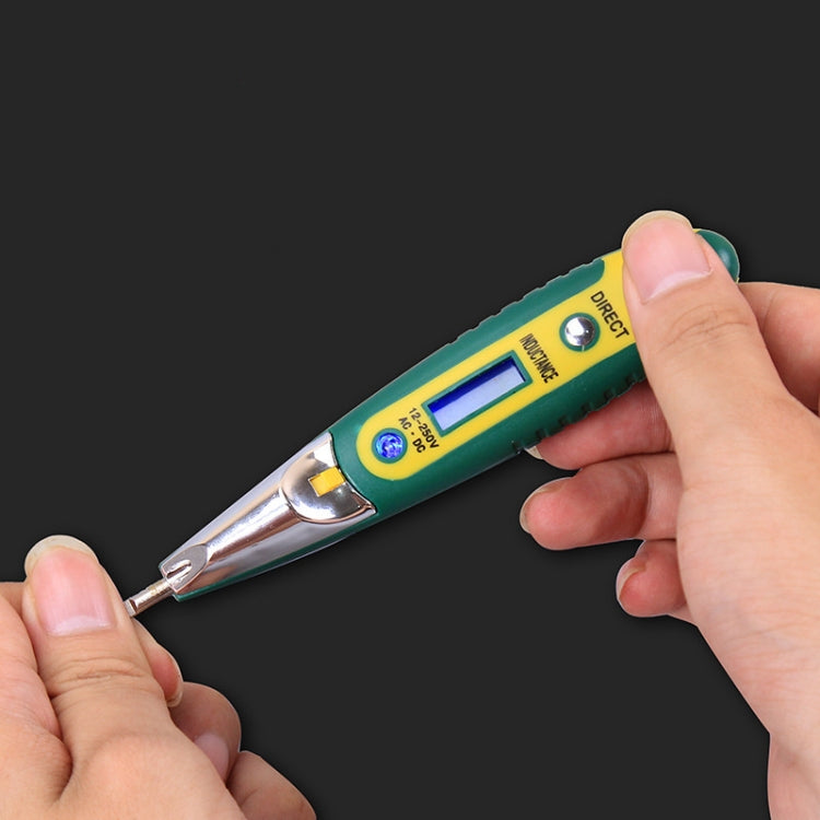 Digital voltage tester pen held in hands, blue backlit LCD bar indicator, metal tip