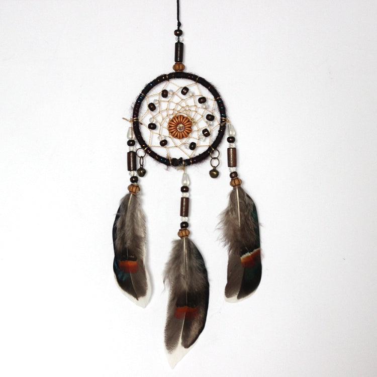 Single-ring dream catcher with beaded web and three hanging feathers, brown and red accents