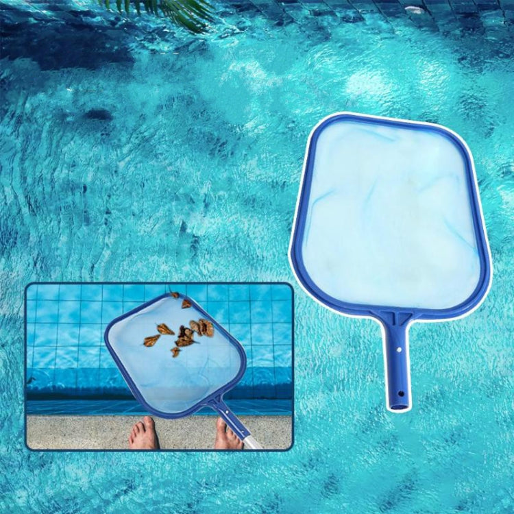 Shallow water pool skimmer mesh net with handle, holding visible leaves and debris