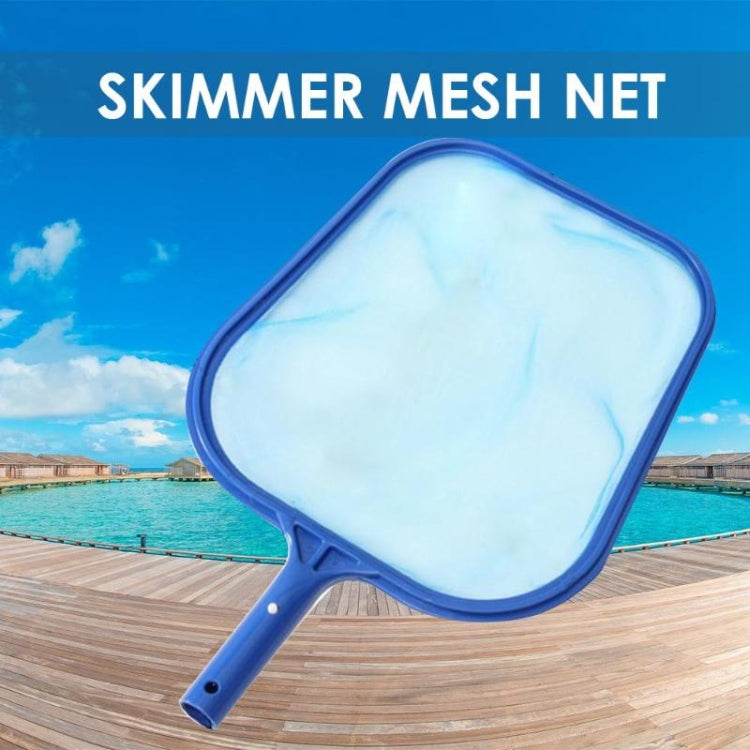 Pool skimmer mesh net with wide square frame, white mesh, and blue handle