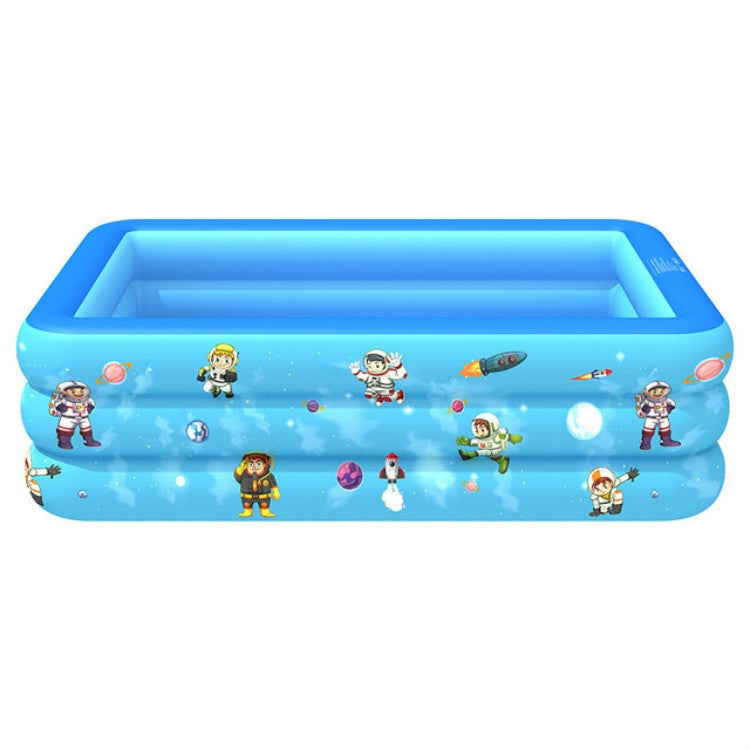 Blue inflatable baby square swimming pool with space characters and planet graphics