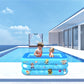 Blue inflatable baby square pool with space pattern outdoors, children playing