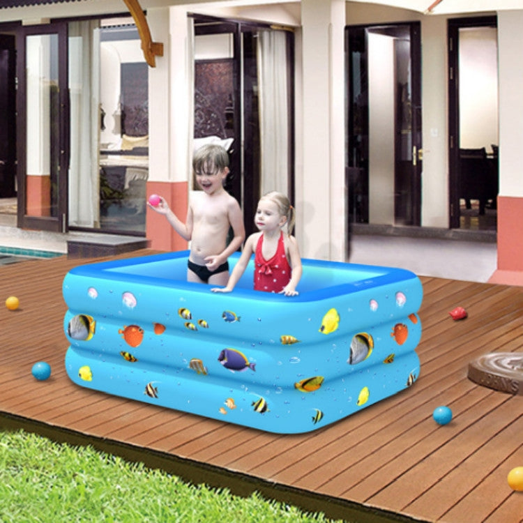 Blue inflatable baby square swimming pool with space astronaut print, kids splashing