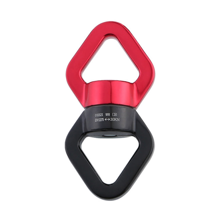Red and black fixed connector carabiner with engraved strength markings on black body