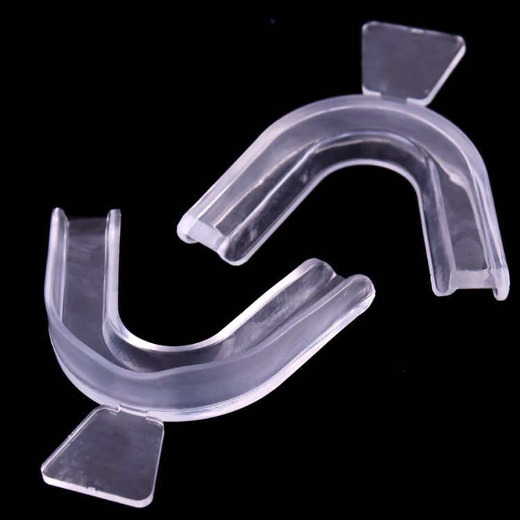 Clear U-shaped dental mouthguard tray pair with dark bite pads