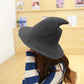 Dark grey wool wizard hat with wide brim and tall pointed crown
