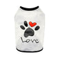 White sleeveless dog vest with black trim, paw print and red heart 'Love' graphic