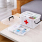 White medical storage box with red cross, clear lid, divided compartments and supplies