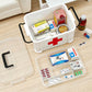 White medical emergency box with red cross open compartments holding assorted medicines