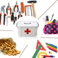 White plastic emergency medicine storage box with red cross and black carry handles