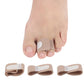 Toe separator splint worn on toes; beige bands with white backing, set shown