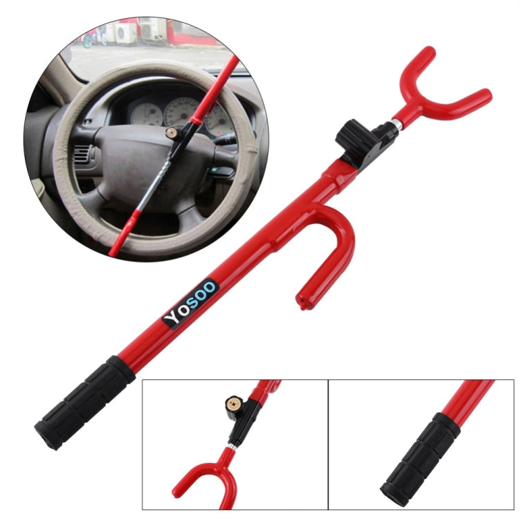 Mechanical steering wheel lock with red bar, black clamp, and key cylinder