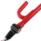 Close-up of red steering wheel lock bar with black clamp and key cylinder
