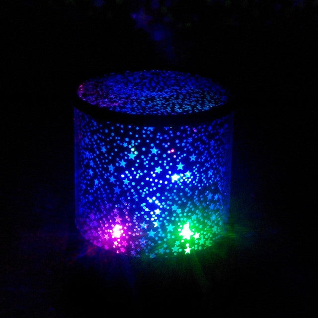 Blue and purple star projection with green and pink highlights from USB lamp
