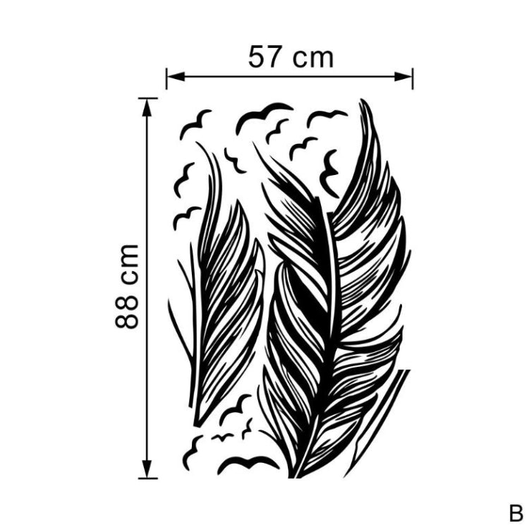 Feather wall sticker size diagram with swirl bird detail, 57 x 88 cm