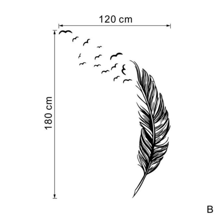 Feather wall sticker size diagram with swirl bird detail, 120 x 180 cm