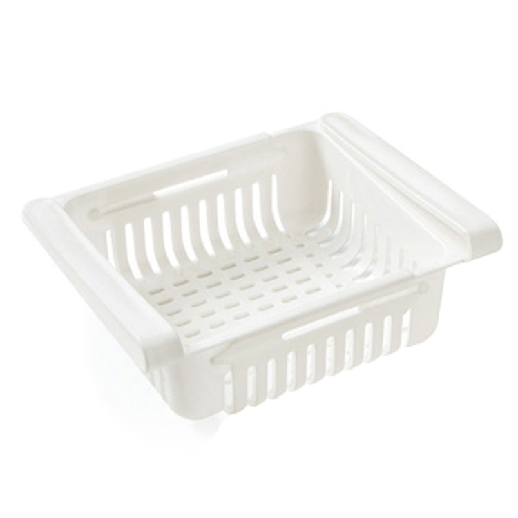 White refrigerator storage drawer shelf with slotted sides and raised water-drip grid