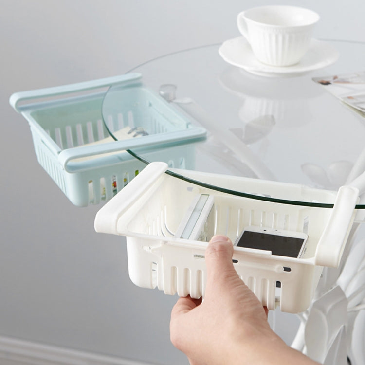 White refrigerator storage box with slotted basket sides and removable drawer frame