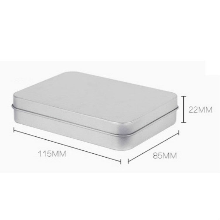Silver metal storage box with lid, side view with size markings