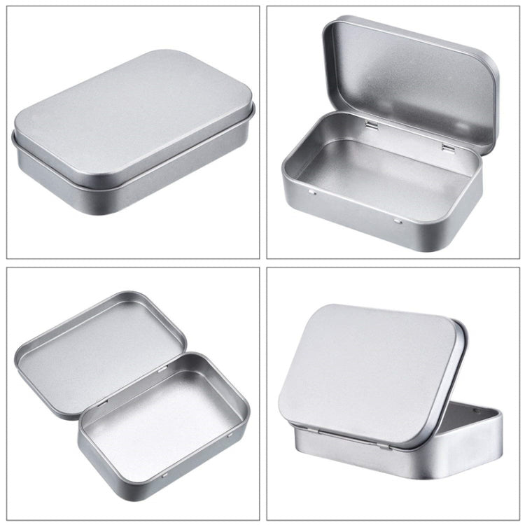Silver metal storage box with lid open, showing rectangular interior