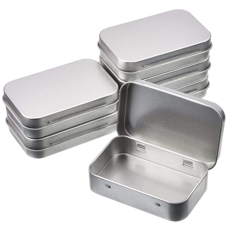 Silver metal storage box stack with open interior tray and flip lid