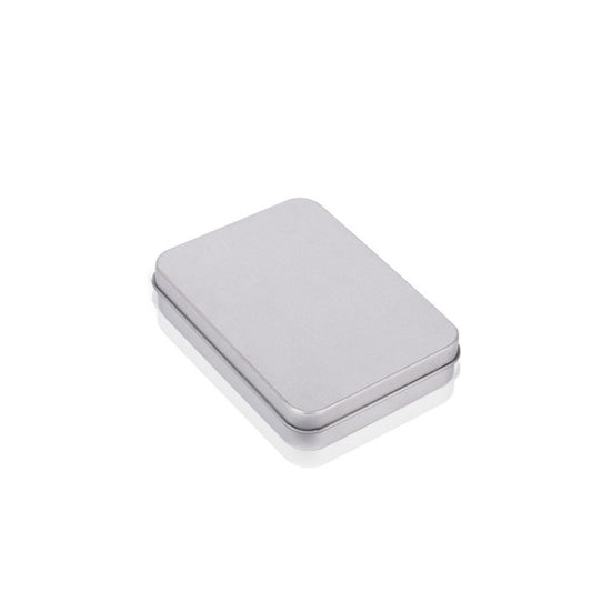 Silver rectangular metal storage box with hinged lid, smooth rounded edges