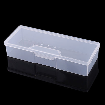 Clear plastic nail tool storage box with long center divider and snap latch clips
