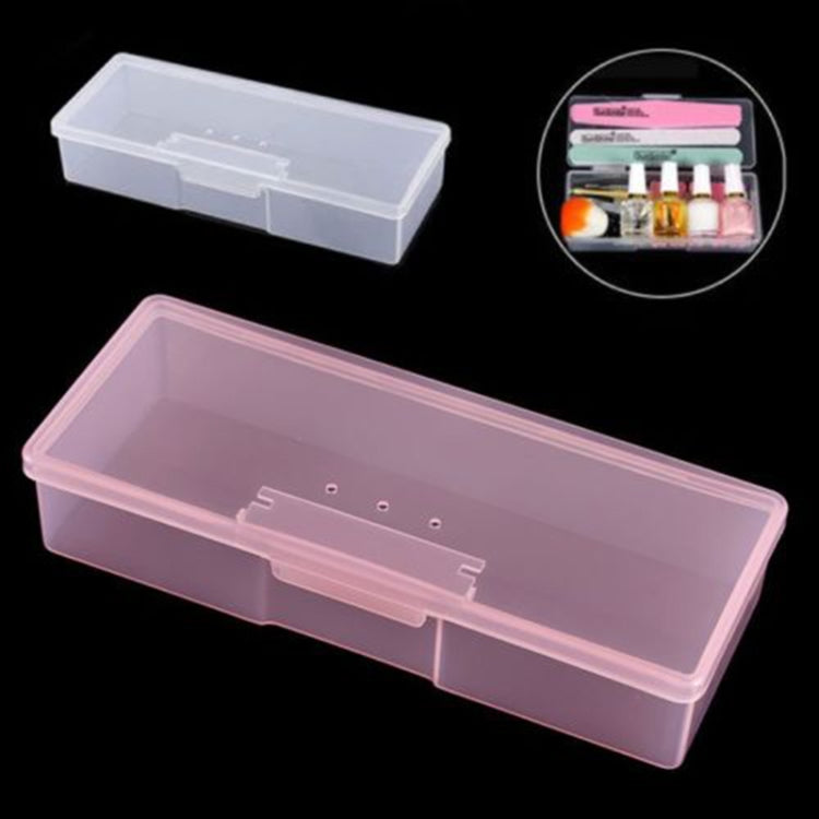 Clear plastic nail tool storage box with snap divider, plus small polish product inset