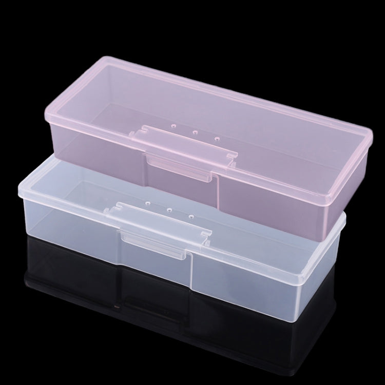 Clear plastic nail tool storage box with two-tier compartments and center divider