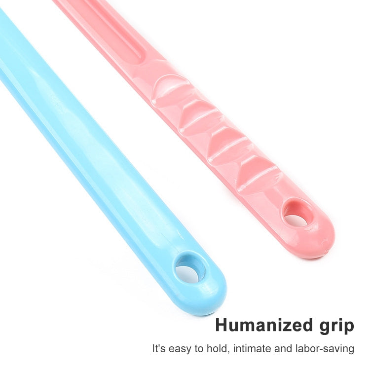Blue and pink back brush handles with hanging holes for easy storage
