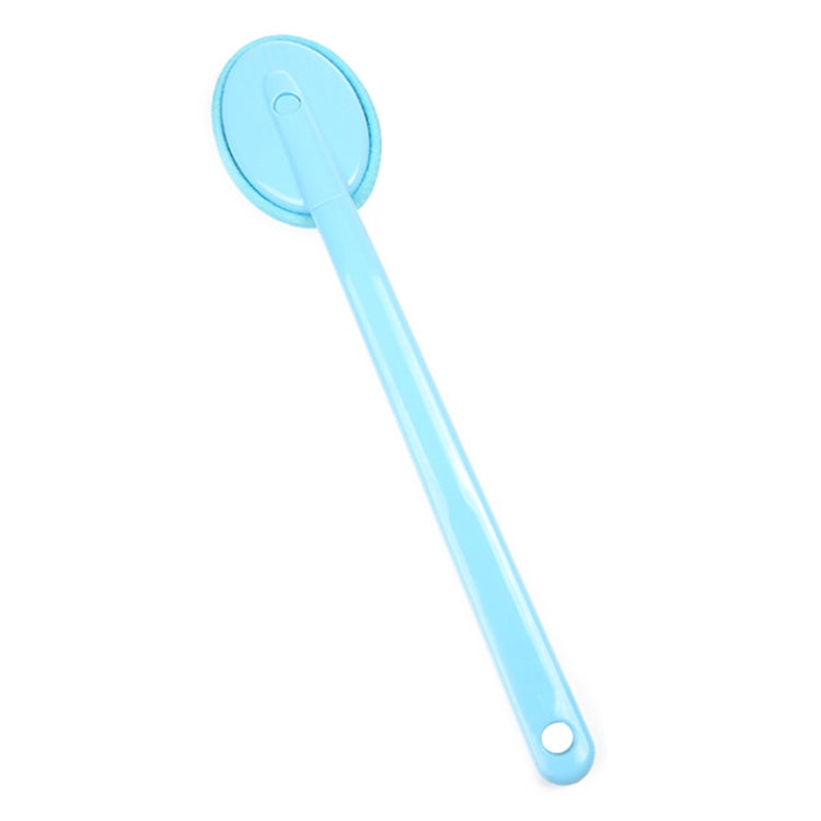 Blue single-sided back brush with round scrubbing pad and looped handle