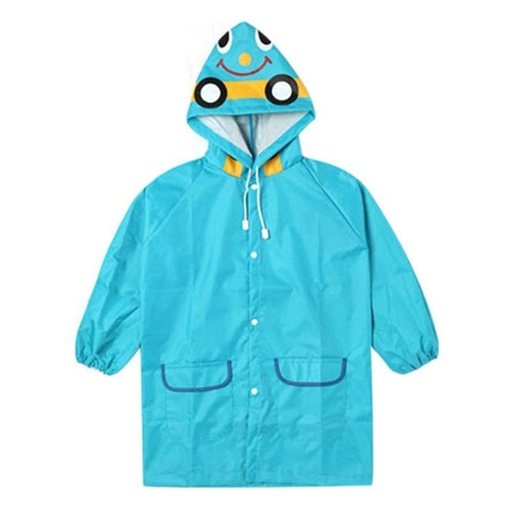 Kids waterproof rain coat with blue animal hood, front snaps, and drawstring