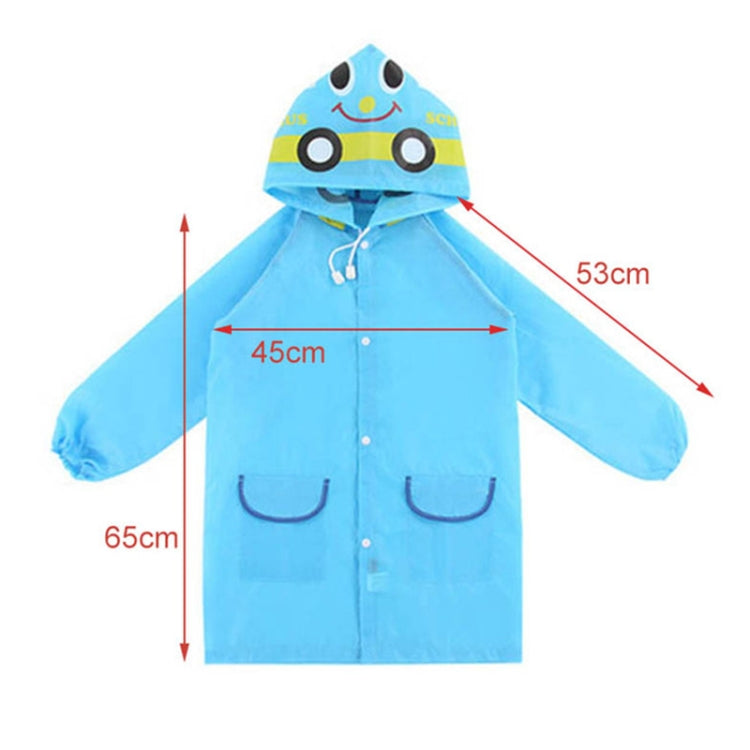 Blue kids waterproof rain coat with animal face hood, snap front, and side pockets