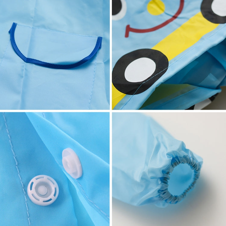 Blue rain coat detail: hood drawstring, snap front, pocket, and elastic cuffs