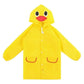 Yellow kids waterproof rain coat with duck-shaped hood, front snaps, and side pockets