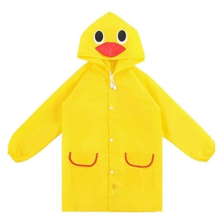 Yellow kids waterproof rain coat with duck-shaped hood, front snaps, and side pockets