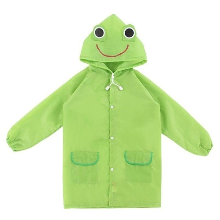 Green kids waterproof rain coat with frog-shaped hood, drawstring, and front snaps
