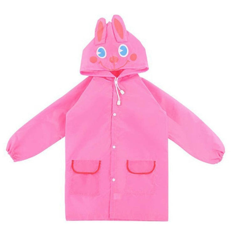 Pink kids waterproof rain coat with bunny-shaped hood, front snaps, and side pockets