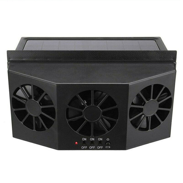 Black solar car air purifier box with solar panel top and triple fan vents, front view
