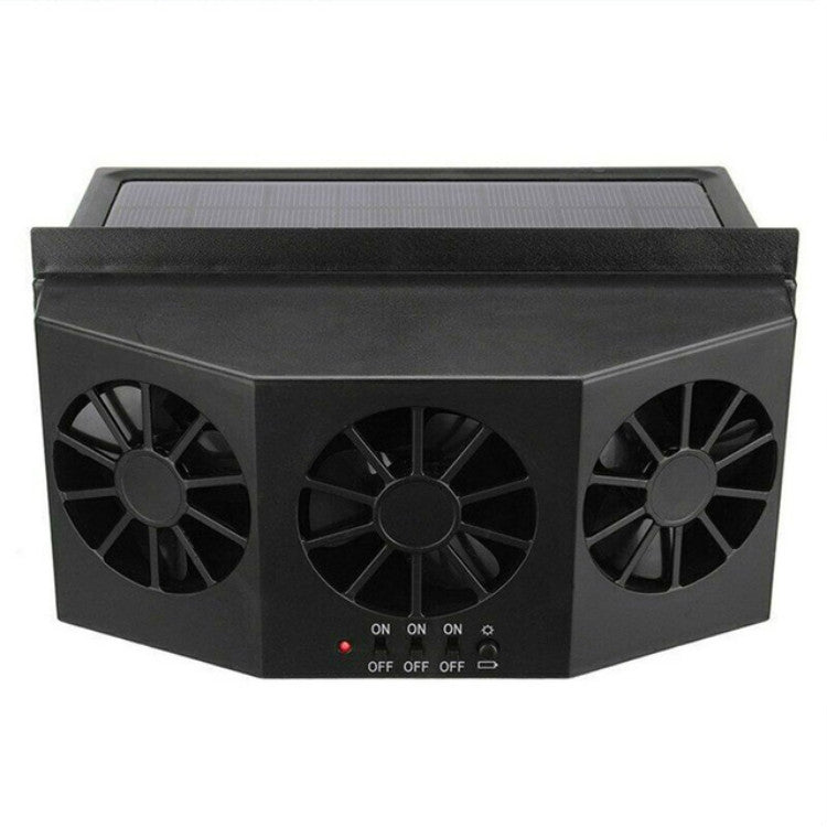 Black solar car air purifier with top solar panel, triple circular fans, and indicator lights