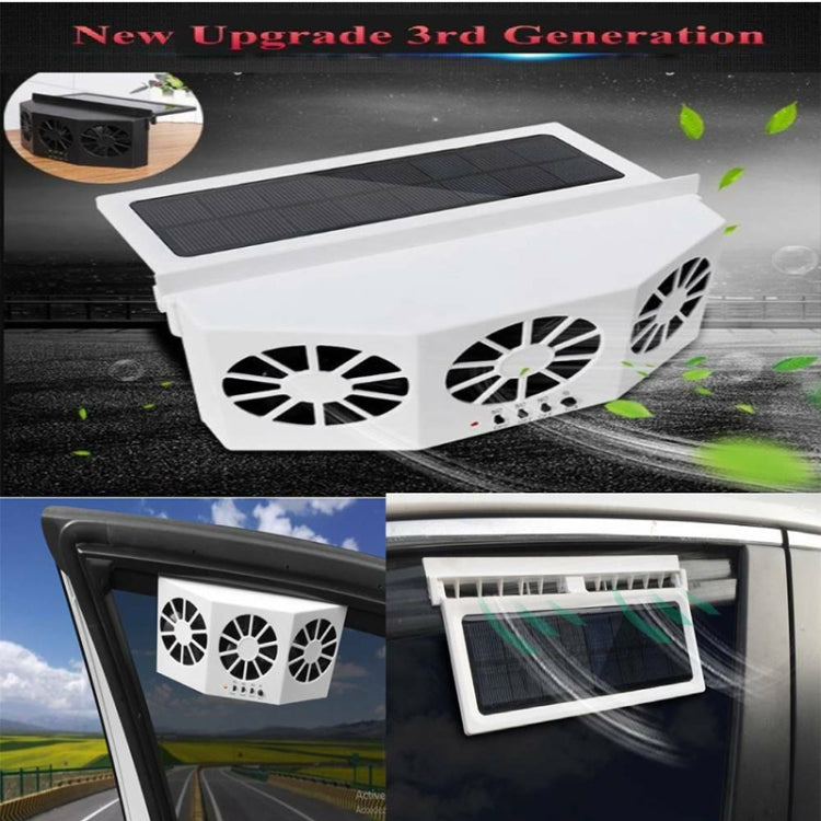 White solar car air purifier box with solar panel top and three side fan grilles