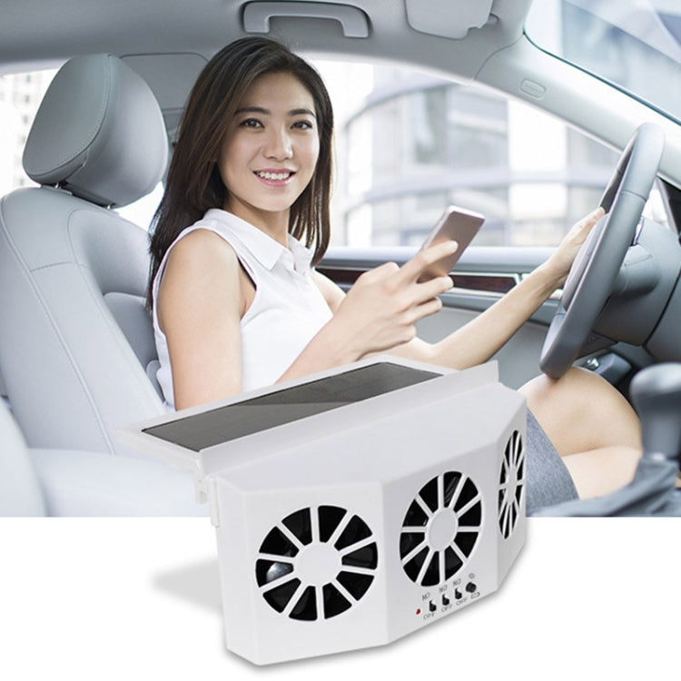 White solar car air purifier on front seat area, with triple fan vents and solar panel