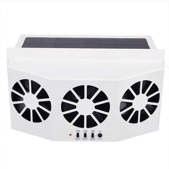 White solar car air purifier box with solar panel top and triple fan grilles, front view