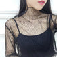 Black sheer mesh high-neck long-sleeve blouse with diamond net pattern