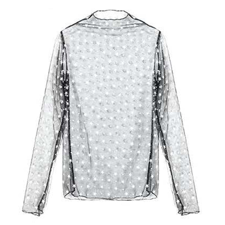 Sheer silver mesh high-neck long-sleeve blouse with dot pattern